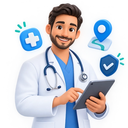 Doctor con iconos médicos flotantes